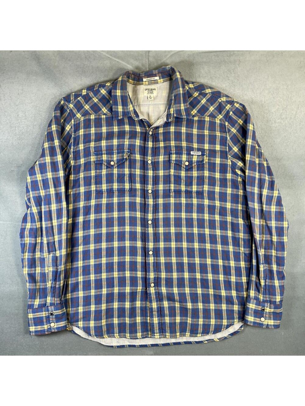 Lucky Brand Western Pearl Snap Shirt Mens XL Blue Plaid Classic Fit Country